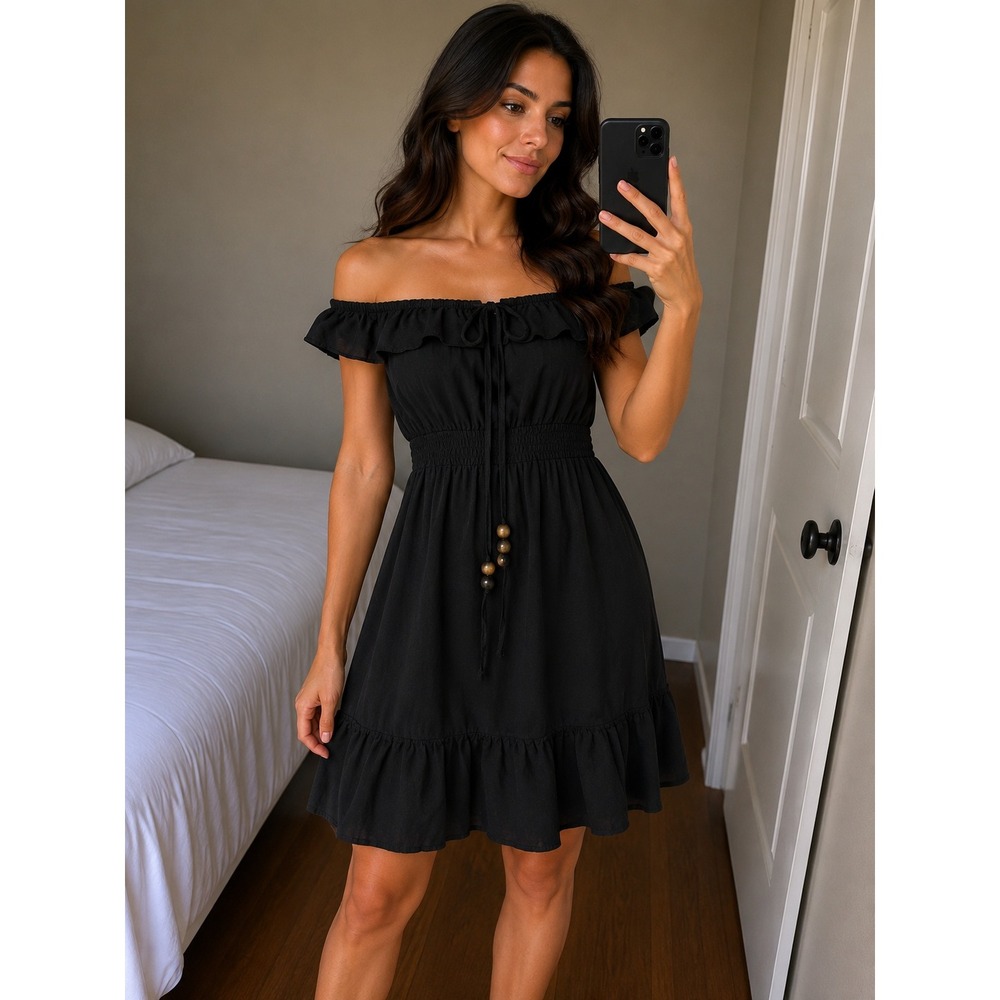 Red Paint Women Large Black Off the Shoulder Ruffle Wood Bead Boho Mini Dress